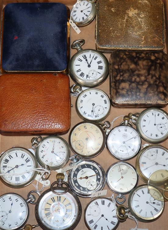 Sixteen assorted nickel and other base metal pocket watches including Waltham, Lanco, Ingersoll and Tempus and three empty boxes.